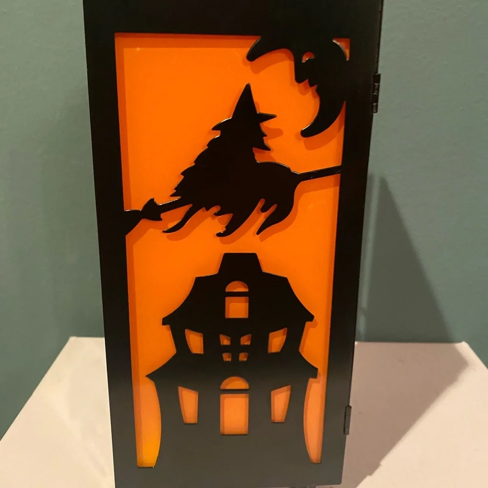 Square Halloween hurricane lantern votive holder with witch detail orange glass